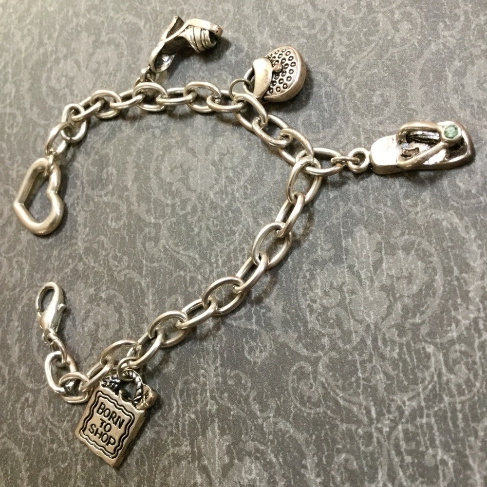 Silver Charm Bracelet with 'Born to Shop' Tag